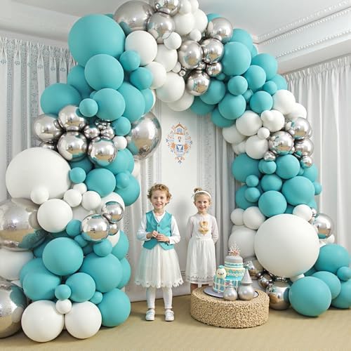 412Pcs Teal Silver White Balloon Garland Arch Kit, 18 12 10 5 Inch Different Size White Metallic Silver Teal Balloons Balloons,for Birthday Party Graduation Baby Shower Wedding Holiday Decoration - Image 5