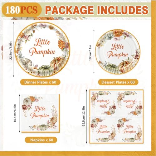 180Pcs Little Pumpkin Baby Shower Plates and Napkins Set,Serves 60 - Image 2