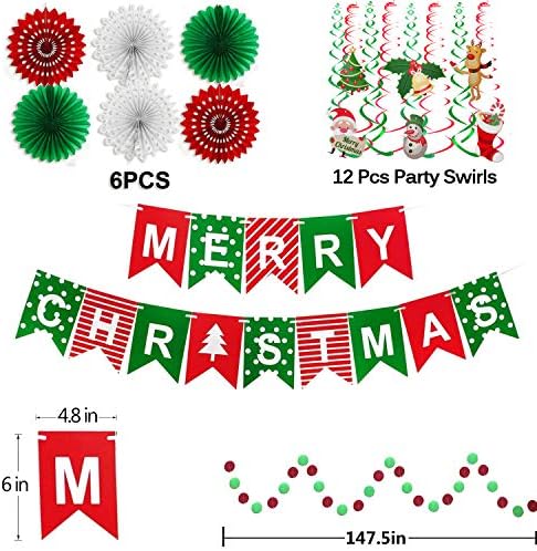 FECEDY Merry Christmas Banner Paper Fan Flower Circle Confetti Dots Hanging Garlandand Swirl Streamers Christmas Tree Christmas Snowman God Tang for Christmas Party Decoration - Image 7