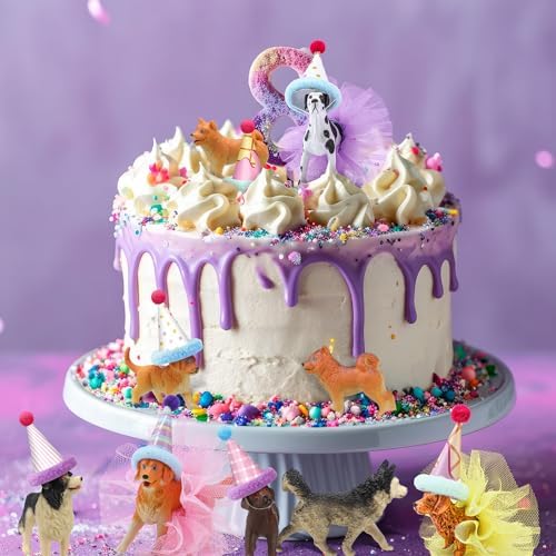 Weysat 27 Pcs Dog Cake Topper with Party Hats Pom Poms Animal Figures - Image 5