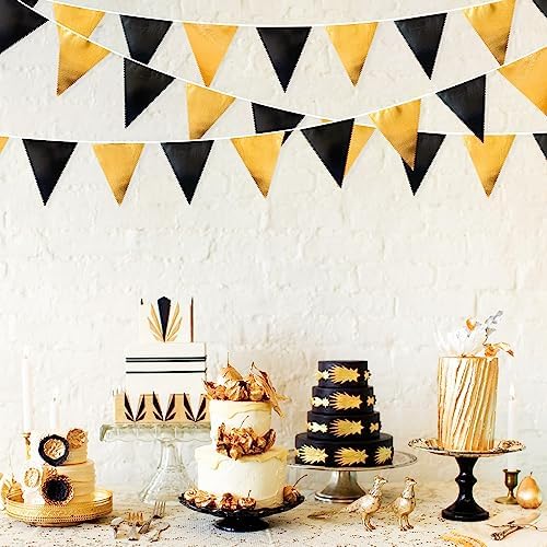 Black and Gold Party Decorations Triangle Pennant Banner Flag Metallic Fabric Bunting Garland for Birthday Graduation Anniversary Wedding Bachelorette Bridal Shower Engagement Hen Party Supplies - Image 5