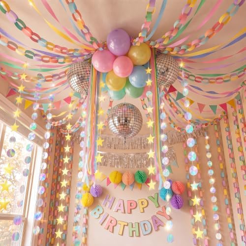 360 Pcs Birthday Party Decorations, 300 Sheets Paper Chain Strips 492ft Crepe Paper Streamers, Star Circle Foil Fringe Garland, Burlap Triangle Banners, Balloons, Honeycomb Balls, Banner by Resholder