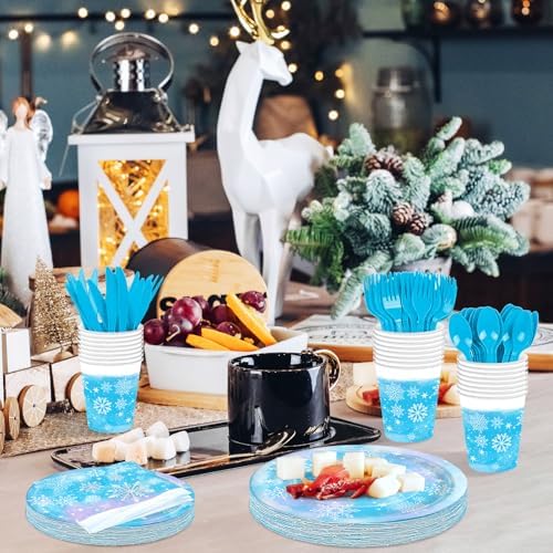 175 Pcs Snowflake Winter Wonderland Tableware Set - Serves 25, Snowflake-Themed Disposable Plates, Cups, Napkins, Forks, Spoons, Knives for Christmas, Winter Party Supplies, Holiday Gatherings - Image 5