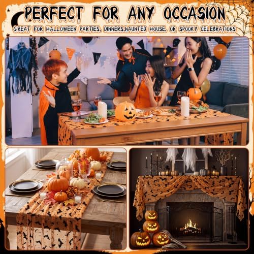 Remagr 6 Pcs Halloween Table Runner Flocked Lace, Bat Table Decor 30"x70" - Image 7