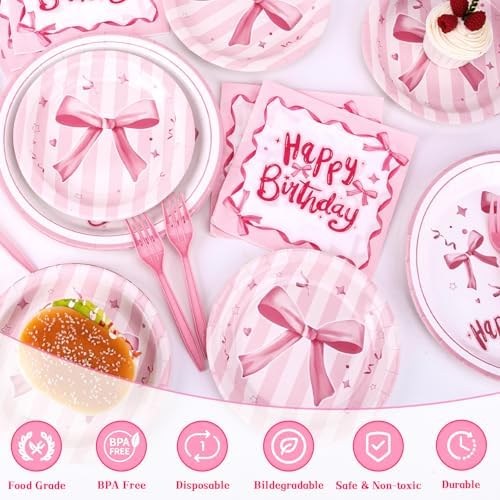 REDWORD Pink Bow Birthday Decorations, 96Pcs Bow Party Tableware Plates Napkins Forks for Pink Birthday Girls Bachelorette Party Decorations-Serves 24 - Image 4