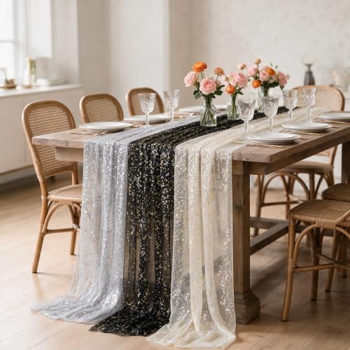 Artoid Mode 3PC Beige Black White Gauze Table Runner 120 Inch 10FT, Glitter Metallic Foil Sheer for Wedding Anniversary Holiday Birthday Home Party Decor - Image 4