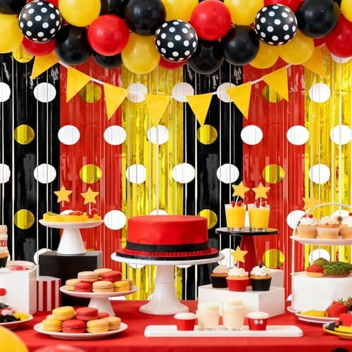 2 Packs Red Black Yellow Foil Fringe Curtain, Mouse Polka Dots Glitter Metallic Tinsel Backdrop for Birthday Baby Shower Cartoon Mouse Party Decorations Supplies - Image 3