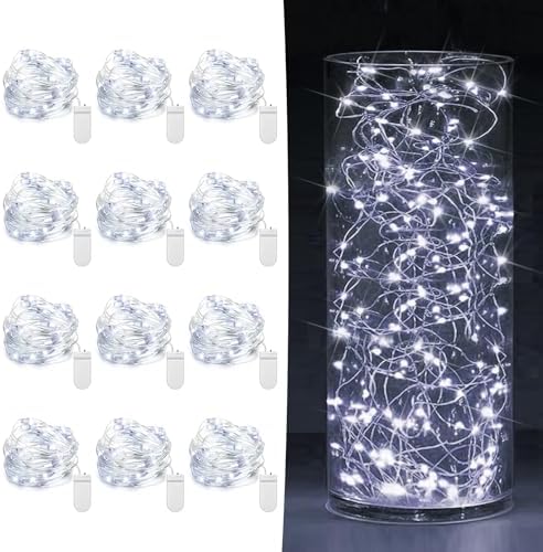12 Pack Fairy Lights Battery Operated 7ft 20 LED Mini String Twinkle Silver Wire Firefly Starry for Mason Jars Wedding Party Christmas Centerpiece Table Decorations, Cool White by HOBAYS