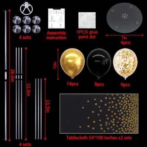 TONIFUL 4 Set Black Gold Balloon Stand Balloon Centerpieces with Tablecloth - Image 2