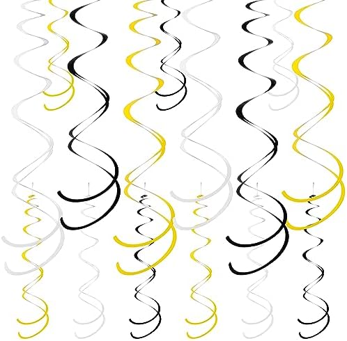 Colorful Ceiling Swirl Foil Decorations Hanging Plastic Streamer Themed Swirl Party for Halloween Graduation Celebration, Pack of 28 (Gold, Black and Sliver) by Yymobt