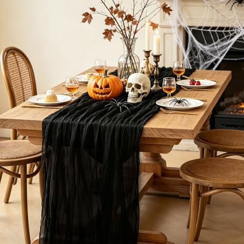 6Pcs Black Table Runner, 10FT Black Cheesecloth Halloween Table Runner 35*120inch Boho Runner for Halloween Indoor Table Kitchen Party Decorations - Image 4