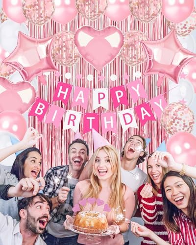 Pink Happy Birthday Party Decorations with Banner Balloons for Women Girls - Image 2