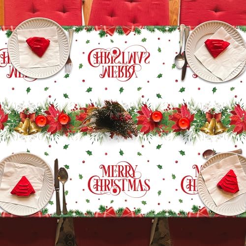 QZYL 2 Pack Christmas Tablecloths, 54" x 108" Xmas Plastic Table Cloth, Poinsettia Holly Bells Design Holiday Disposable Tablecover Rectangle Tablecloth, Christmas Decor Holiday Table Decorations - Image 5