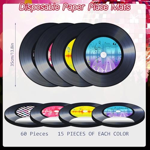 60PCS Record Paper Placemats Disposable 13.7 Inch Rock and Roll Vinyl Record Place Mats Vintage Musical Theme Round Table Mats for Dinner Table Decor Birthday 50s Theme Rock Music Party Supplies - Image 2