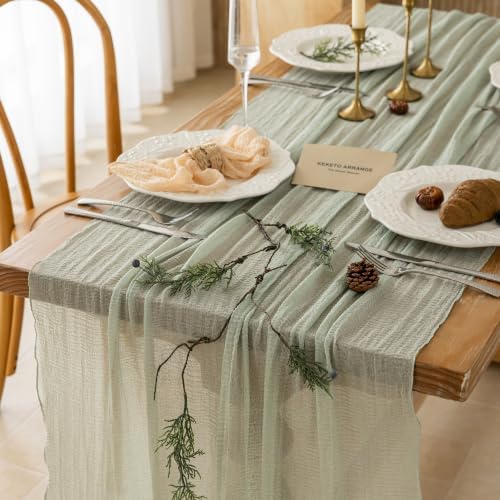 2Pcs Sage Green Cheesecloth Table Runner 120 Inches for Party Home Decor by KEKETOARRANGE