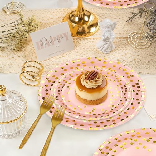 150 Pcs Pink and Gold Paper Plates Party Supplies,Serves 50 Guests 7" 9" Pink Gold Plates and Gold Plastic Forks,Disposable Paper Tableware Set for Birthday Wedding Bridal Shower Decorations - Image 4