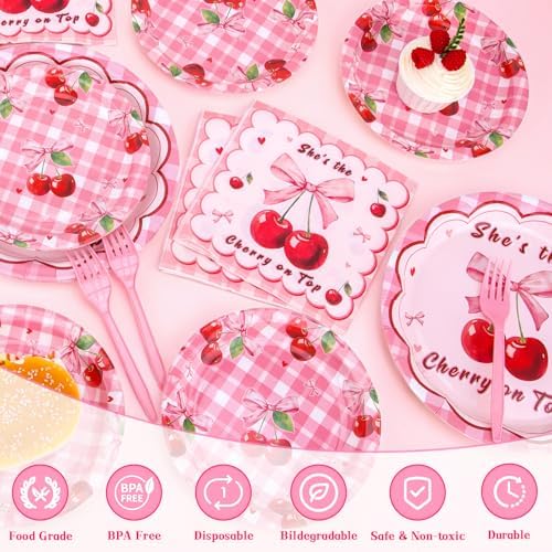 REDWORD Cherry Birthday Decorations, 96Pcs She's The Cherry On Top Party Plates Napkin for Cherr y Theme Girl Birthday Baby Shower Party Decorations-Serves 24 - Image 4