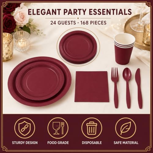 168Pcs Burgundy Plates and Napkins Party Supplies, Serves 24 - Image 3