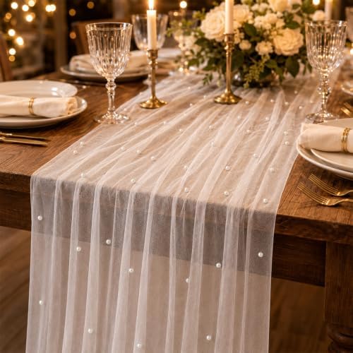 4 Pcs Pearl Table Runner 29x72 Inch White Tulle Wedding Table Decor - Image 7