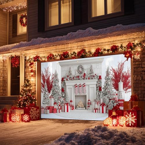 HOMETITUTE Christmas Fireplace Garage Door Cover Banner 13x6ft Fabric - Image 4