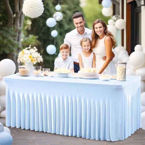 2 Packs Baby Blue Table Clothes for 4 Foot Rectangle Table, Spandex Tablecovers 4FT Stretch Fitted Table Covers Rectangle white Skirt for Baby Shower Birthday Party Event Wedding Banquet Decorations - Image 4