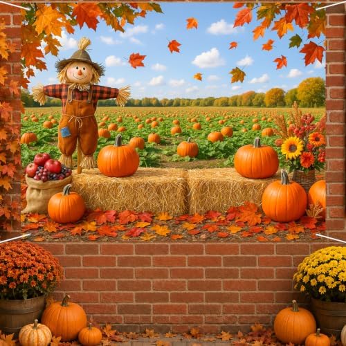 BlissYard Fall Backdrop Pumpkin Field and Scarecrow Decorations 8x6ft - Image 3