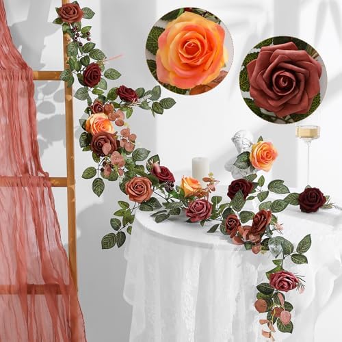 Garisey 5FT Terracotta Artificial Flower Garland Fall Floral Garland Burnt Orange Arch Rose Vine for Wedding Ceremony Party Backdrop Decor Arch Flowers Mantel Table Centerpieces Decorations by Garisey