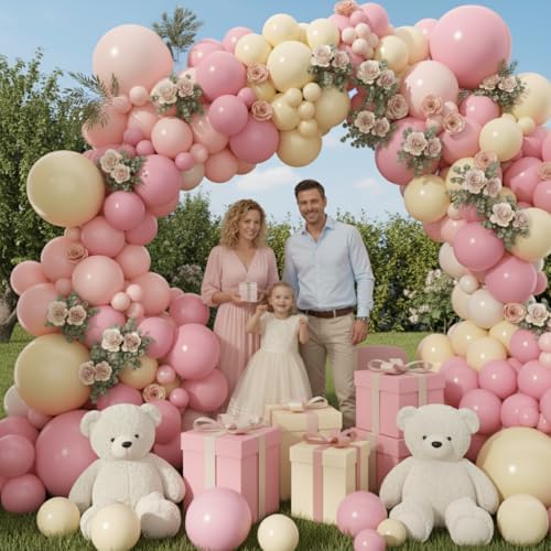 Pink and Yellow Balloon Arch Garland Kit 157pcs, Pastel Pink Light Pink Yellow Sand White Balloons Arch Kit for Birthday Baby Shower Bridal Shower Wedding Bee Bear Themed Party Decorations - Image 6