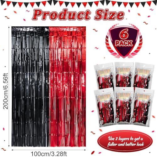 6 Pack 3.3Ft x 6.6Ft Graduation Foil Fringe Curtain Backdrop Decorations, Red Black Metallic Tinsel Foil Streamers Curtain Photo Booth Background for Graduation Prom Wedding Birthday Party Decorations - Image 3