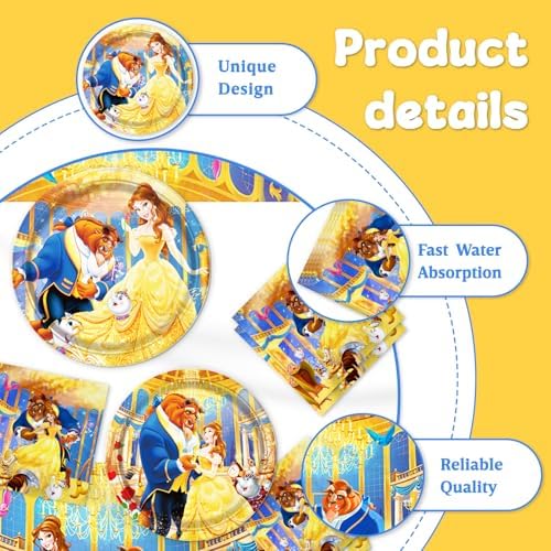 41Packs Beauty and the Beast Birthday Decorations Include 20 Plates, 20 Napkins and 1 Tablecover for Birthday Party Supplies (Beauty) - Image 4