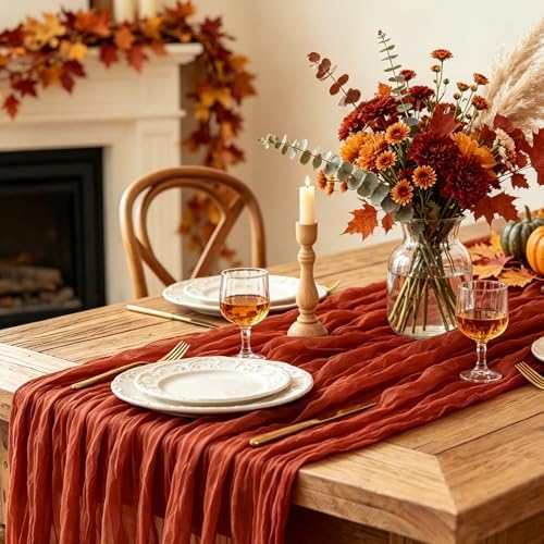 Fall Table Runner, 10FT Thanksgiving Terracotta Cheesecloth Table Runner 35*120inch Burnt Orange Decor for Autumn Fall Wedding Baby Shower Friendsgiving Thanksgivig Home Kitchen Table Decorations - Image 5