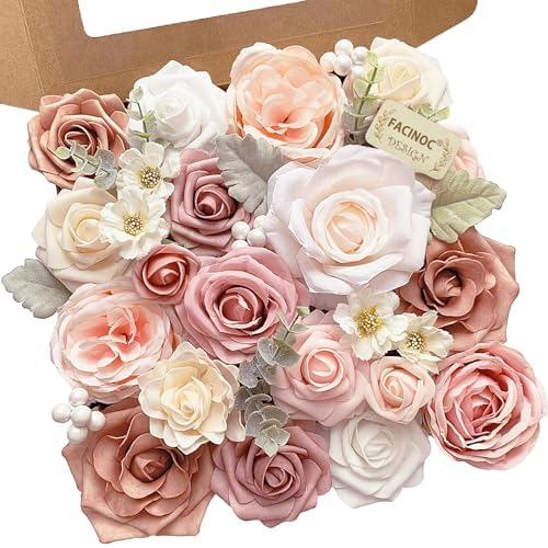 FACINOC Pink Rose Artificial Flowers Dusty Fake Flower with Stems Bulk by FACINOC