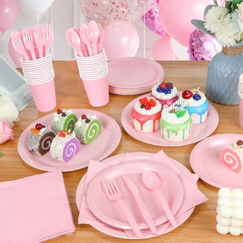 WNINK 168PCS Light Pink Paper Plates and Napkins, Pink Disposable Plates Set for Baby Shower Gender Reveal Girl Birthday Party Supplies Serve 24 Guests - Image 4
