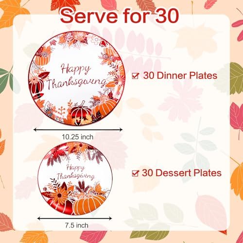 Rubtlamp 60PCS Thanksgiving Plastic Plates, White Orange Pumpkin Plates, Red Disposable Plates with Maple Leaves, Fall Disposable Plates Include 30 Dinner Plates, 30 Salad Plates For Thanksgiving - Image 2