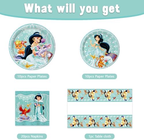41Packs Princess Jasmine Birthday Decorations Include 20 Plates, 20 Napkins and 1 Tablecover for Birthday Party Supplies (blue1) - Image 3