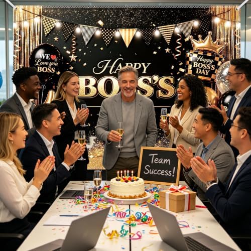Black and Gold Happy Boss's Day Decorations Boss Day Backdrop Banner for Office Best Boss Ever Party Photo Props Background, Office Gatherings Party Decorations 83" x 59" - Image 5