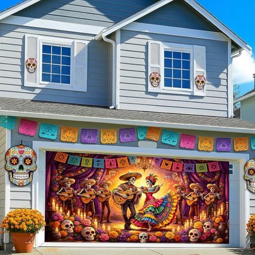 Day of The Dead Garage Door Cover 16x7ft Skull Dancing Halloween Decor - Image 2