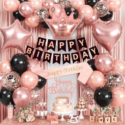 Rose Gold Birthday Decorations for Women Rose Gold Black Birthday Balloon by Jobkoo