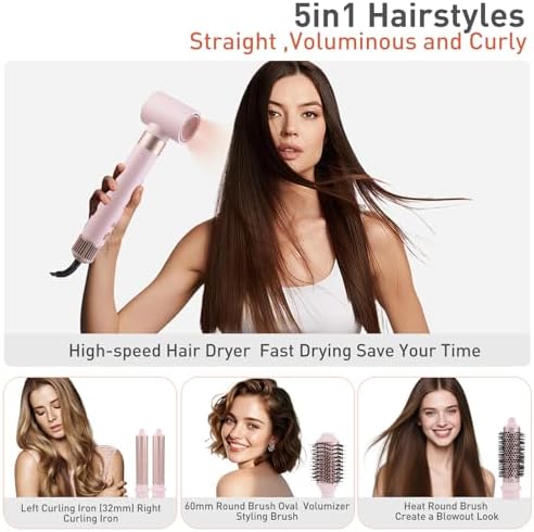 TANSHINE Blow Dryer Brush Set,5 in 1 Professional Hot Air Styler Hair Dryer Brush Styler,High-Speed Dryer Air Curler for Fast Drying Curling Volumizing Straightening Styling,Ionic Technology,Pink - Image 2