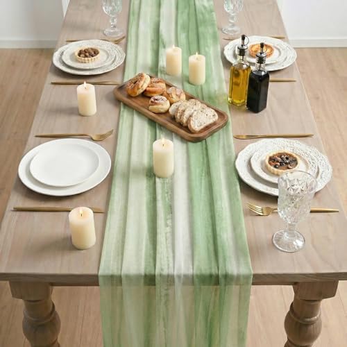 Artoid Mode Boho Green Stripes Spring Chiffon Table Runner 120 Inches 10FT,Seasonal Fabric Kitchen Dining Holiday Table Decor for Home Party - Image 3