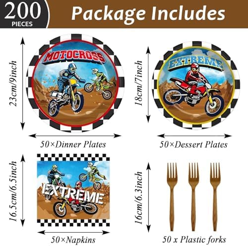 Qyeahkj 200 Pcs Dirt Bike Party Decorations Motorcycle Birthday Party Supplies Dirt Bike Theme Party Paper Plates Set Motocross Party Plates and Napkins Motor Theme Party Tableware for Boys Serves 50 - Image 2