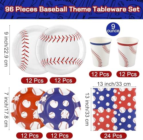 Kochorie 96 Pieces Baseball Party Supplies, Baseball Birthday Themed Decorations, Disposable Tableware Set Includes Paper Plates, Cups, Napkins Serves 24 Guests for Sports Game Day Party - Image 2
