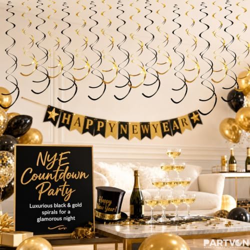 32 PCS Gold Black Hanging Swirl Decorations, Sparkle Ceiling Swirls with Plastic Streamers for Graduation, Casino Night, Black Tie, New Year, Milestone Birthday, Retirement Party - Image 5