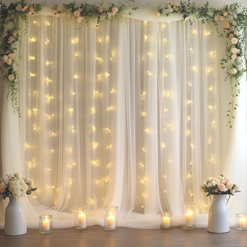 20x8ft White Tulle Backdrop Curtain with Lights String for Parites, Sheer Backdrop Curtains for Wedding Baby Shower Birthday Party Photo Shoot Decorations - Image 4