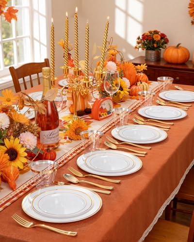 bUCLA 600Pcs Gold Plastic Plates - White Gold Dinnerware Set Disposable - Include 100 Dinner&Dessert Plates,100 Cups,100 Forks,100 Spoons,100 Knives for Party, Thanksgiving, Fall Harvest & Autumn - Image 4