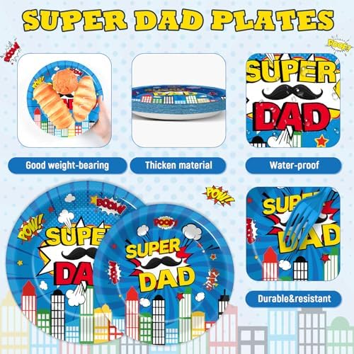 96Pcs Happy Fathers Day Paper Plates and Napkins Super Dad Party Decorations Super Theme Dessert Plates Hero Cityscape Birthday Tableware for 24 Guests Papa Grandpa Best Dad Daddy Men Party Supplies - Image 3