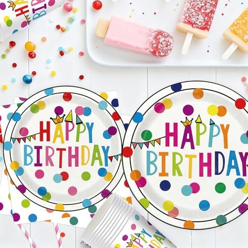 Birthday Plates & Napkins Party supplies - 175Pcs Happy Birthday Paper Plates and Napkins Sets, Disposable Happy Birthday Dots Tableware Set for Boys and Girls Party Decorations, Serves 25 - Image 7