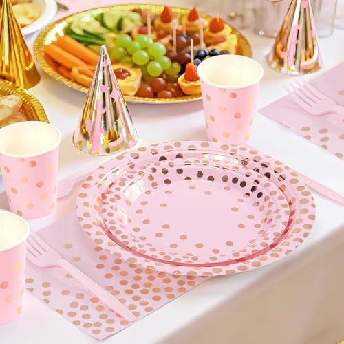 Pink Rose Gold Dots Party Plates,168PCS Birthday Tableware Party Supplies - Image 5