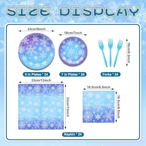 96 Pieces Snowflake Winter Party Supplies Set - Blue White Snowflake Design Disposable Tableware with Paper Plates, Napkins, Forks for Christmas, Winter Wonderland, Frozen-Themed Birthday Decorations - Image 2