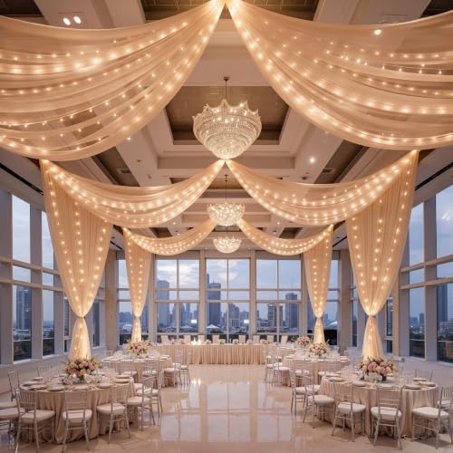 12 Panels Deep Champagne Ceiling Curtains with Lights for Weddings - 5ftx20ft Wrinkle-Free Tulle Fabric Wedding Arch Draping Ceiling Drapes Decorations for Wedding Party Ceremony Stage Tent Event by Unknown